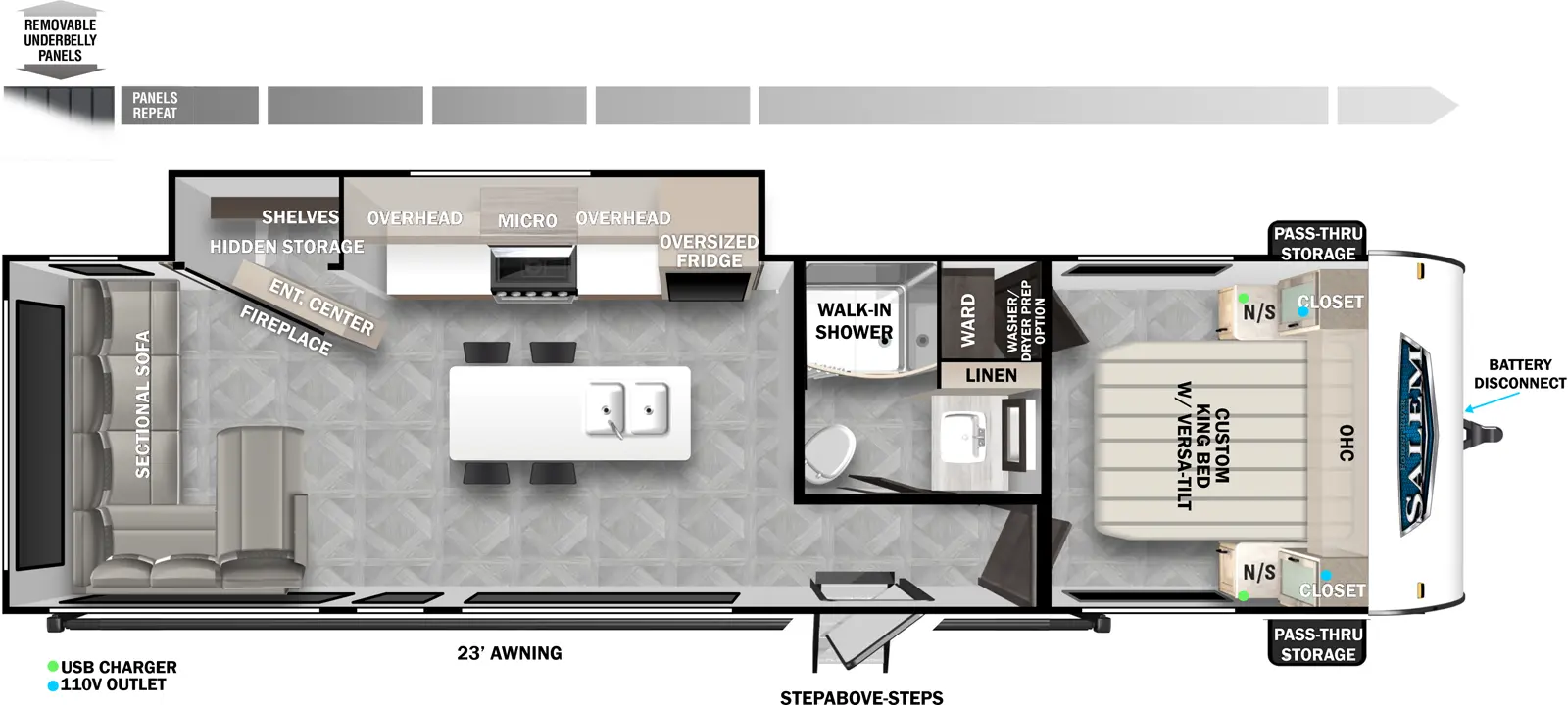 The Salem 28VIEW floorplan has one slideout and one entry. Exterior features removable underbelly panels, 23 foot awning, battery disconnect, StepAbove steps, and front pass-thru storage. Interior layout front to back: foot facing custom king bed with versa-tilt, overhead cabinet, closet and nightstand on each side, and off-door side wardrobe with optional washer/dryer prep; off-door side full bathroom with walk-in shower and linen closet; entry door outside of bathroom; off-door side slideout with oversized refrigerator, overhead cabinets, microwave, and entertainment center with fireplace, and hidden storage shelves behind; kitchen island with sink and bar stools; sectional sofa wraps around the rear to the door side.